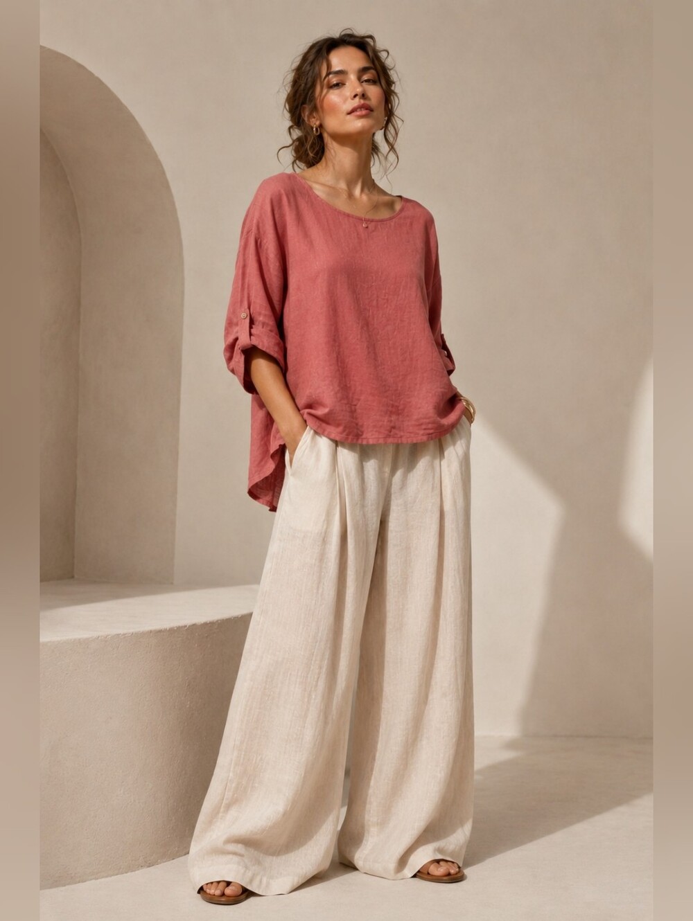 Terzo Millennio Italian 100% Linen Top Blouse Lagenlook High Low Button Back M